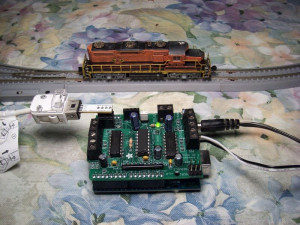 The train is controlled via an Arduino and motor shield